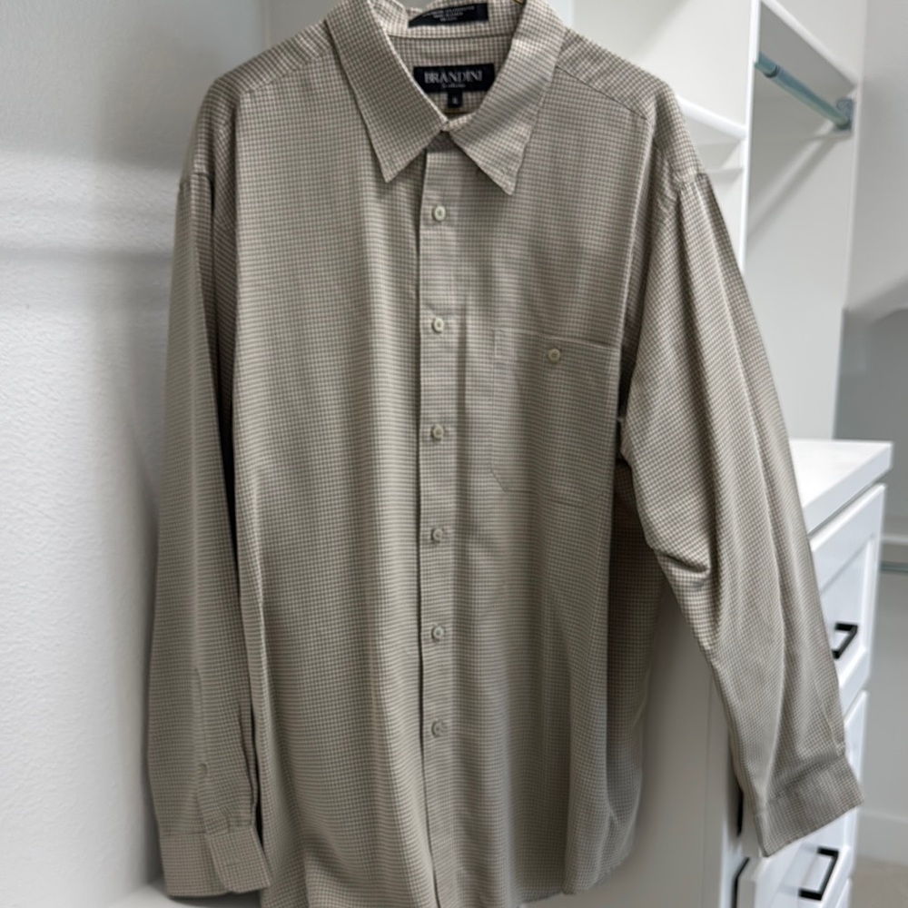 Branding Mens XL‎ Long Sleeve Button Down Tan Plaid Rayon Polyester Blend Shirt